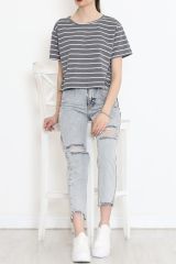 Çizgili Süprem Crop Tişört Füme - 9528.1567.