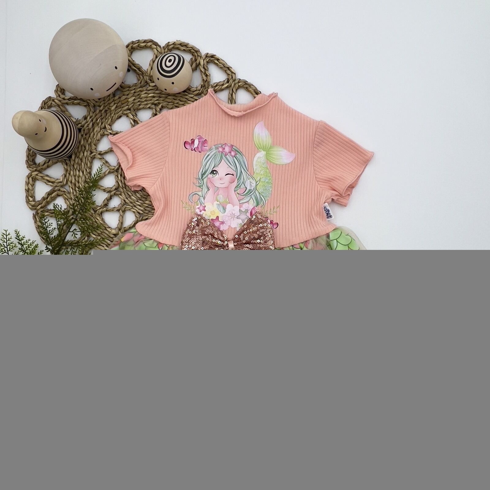 1-2-3 Yaş Denizkızı Baskılı Pul Desen Etekli Kız Bebek Elbisesi