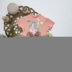 1-2-3 Yaş Denizkızı Baskılı Pul Desen Etekli Kız Bebek Elbisesi