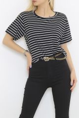 Çizgili Crop Tişört Siyahbeyaz - 9525.1567.