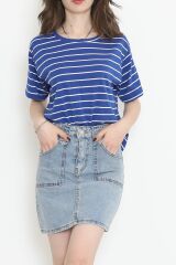 Çizgili Süprem Crop Tişört Saks - 9528.1567.