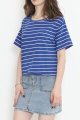 Çizgili Süprem Crop Tişört Saks - 9528.1567.