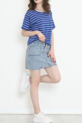 Çizgili Süprem Crop Tişört Saks - 9528.1567.