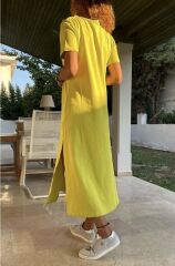 Kadın Bisiklet Yaka Kısa Kollu Derin Yırtmaç Detaylı Maxi Boy Elbise
