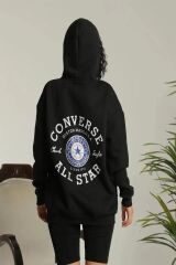 Sırt Baskılı Oversize Üç İplik Kapüşonlu Sweatshirt - Siyah