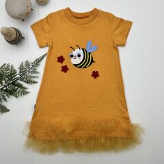 1-2-3 Yaş Arıcık Nakışlı Eteği Fırfırlı Jile Kız Çocuk Elbisesi