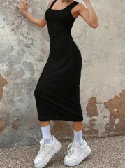Kadın Kalın Askılı Kare Yaka Fitilli Kaşkorse Midi Boy Elbise