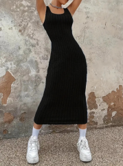 Kadın Kalın Askılı Kare Yaka Fitilli Kaşkorse Midi Boy Elbise