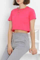 Bisiklet Yaka Crop Tişört Fuşya - 18962.1247.
