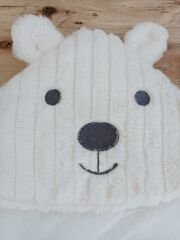 Yenidoğan Beyaz Wool Yün Kumaş Ayıcık Kulaklı Kundak Bebek Battaniyesi