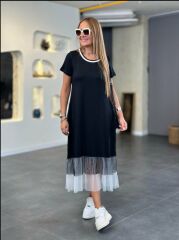 Kadın Modal Kumaş Ribana Yaka Tül Detaylı Maxi Boy Elbise