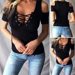 Kadın Kısa Kollu Göğüs Kuş Gözü çapraz Bağlamalı Omuz Dekolteli Kaşkorse Bluz
