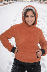 Kadın Kanguru çep Ribana Detay Kapşonlu Peluş Sweat