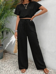 Kadın Kısa Kollu Crop Bluz Beli Lastikli Bol Paça Bürümcük Pantolon