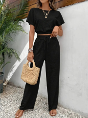 Kadın Kısa Kollu Crop Bluz Beli Lastikli Bol Paça Bürümcük Pantolon