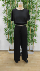 Kadın Kısa Kollu Crop Bluz Beli Lastikli Bol Paça Bürümcük Pantolon