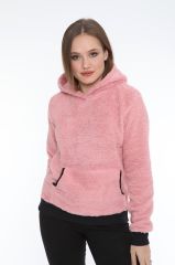 Kadın Kanguru çep Ribana Detay Kapşonlu Peluş Sweat