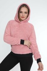 Kadın Kanguru çep Ribana Detay Kapşonlu Peluş Sweat