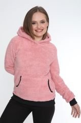 Kadın Kanguru çep Ribana Detay Kapşonlu Peluş Sweat