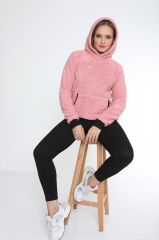 Kadın Kanguru çep Ribana Detay Kapşonlu Peluş Sweat