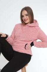 Kadın Kanguru çep Ribana Detay Kapşonlu Peluş Sweat