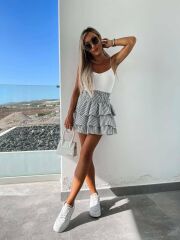 Kadın Dokuma Viskon çizgili Kumaş Etek Ve Kaşkorse Kumaş Askılı Crop Ikili Takım