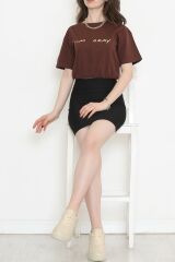 Beli Lastikli Crop Tişört Acıkahve - 16550.1567.
