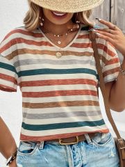 Kadın Kısa Kollu V Yaka çizgili Süprem T-shirt