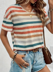 Kadın Kısa Kollu V Yaka çizgili Süprem T-shirt