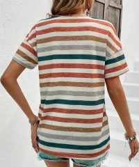 Kadın Kısa Kollu V Yaka çizgili Süprem T-shirt