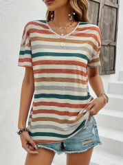 Kadın Kısa Kollu V Yaka çizgili Süprem T-shirt
