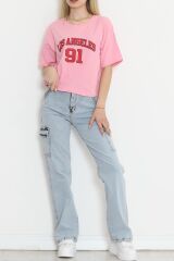 Baskılı Crop Tişört Pembe - 16481.1567.