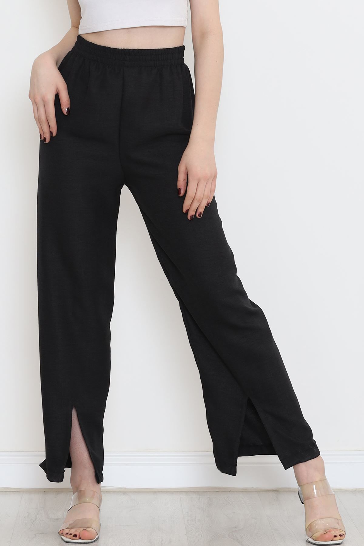 Paça Yırtmaçlı Keten Pantolon Siyah - 15267.1778.