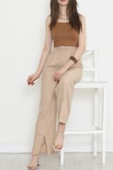 Paça Yırtmaçlı Keten Pantolon Taş - 15267.1778.