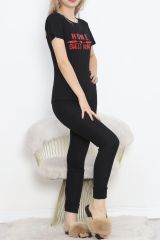 Baskılı Fitilli Pijama Takımı Siyahkırmızı - 18770.1048.
