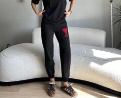 Unisex İki İplik Baskılı Oversize Eşofman Altı - Siyah