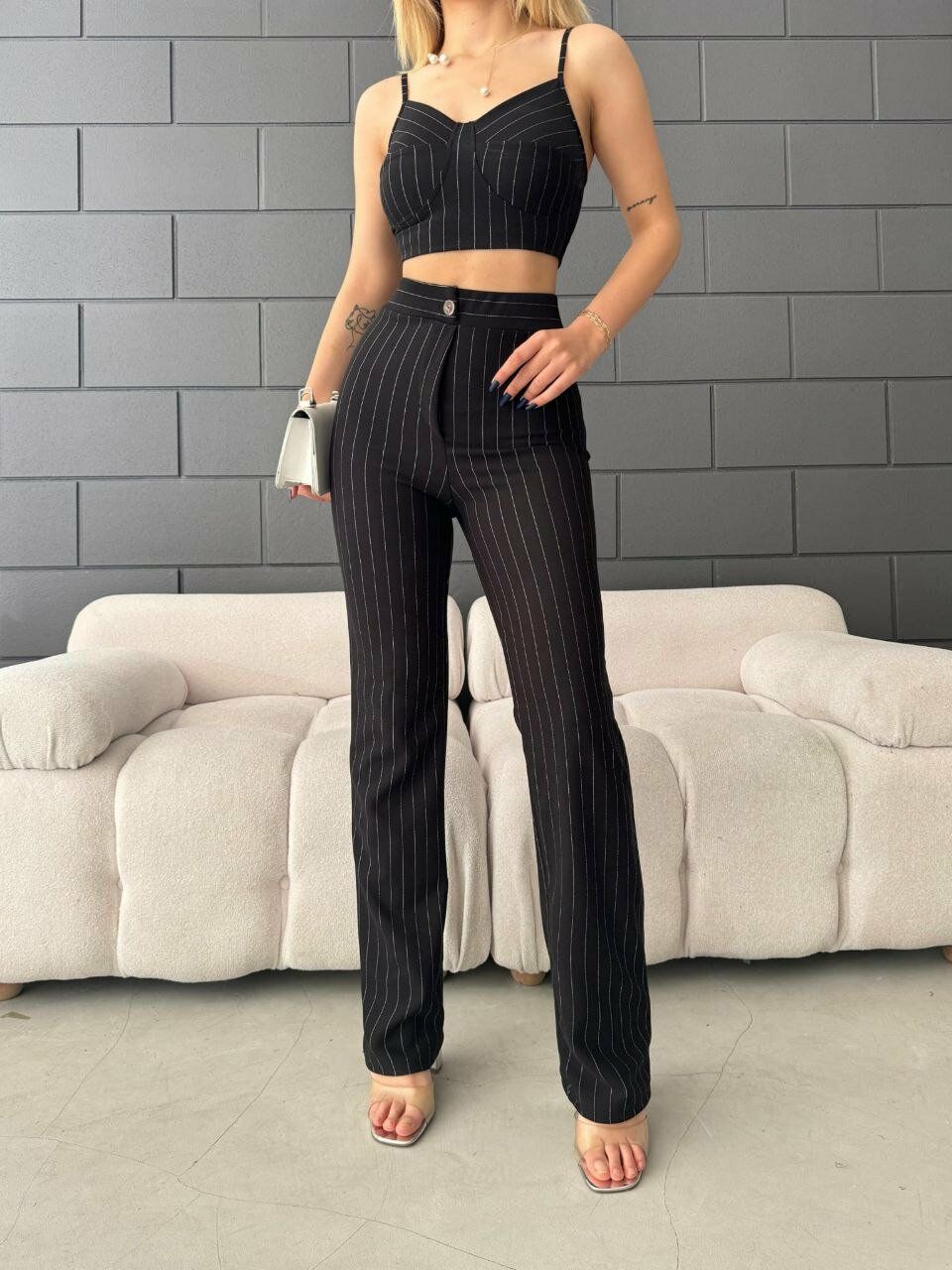 Kadın örme Krep Kumaş çizgili Pantolon Crop Ikili Takım