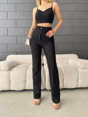 Kadın örme Krep Kumaş çizgili Pantolon Crop Ikili Takım