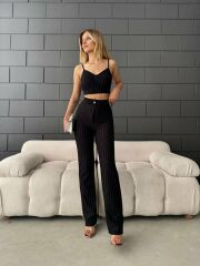 Kadın örme Krep Kumaş çizgili Pantolon Crop Ikili Takım