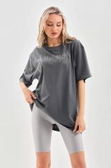 Unisex Taş Desenli Oversize T-Shirt - Füme