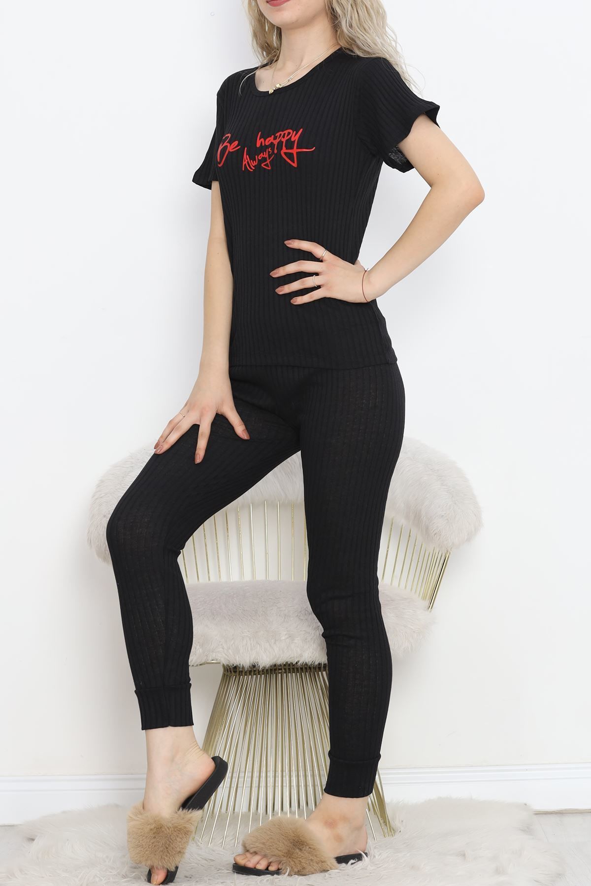 Baskılı Fitilli Pijama Takımı Siyahkırmızı1 - 18770.1048.