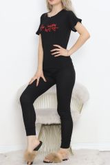 Baskılı Fitilli Pijama Takımı Siyahkırmızı1 - 18770.1048.