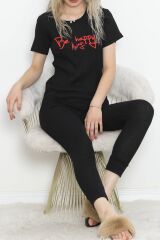 Baskılı Fitilli Pijama Takımı Siyahkırmızı1 - 18770.1048.