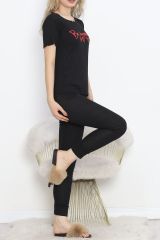 Baskılı Fitilli Pijama Takımı Siyahkırmızı1 - 18770.1048.