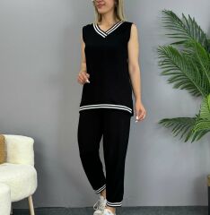 Kadın Kristal Kumaş V Yaka Ribana Geçişli Sıfır Kol Ikili Takım