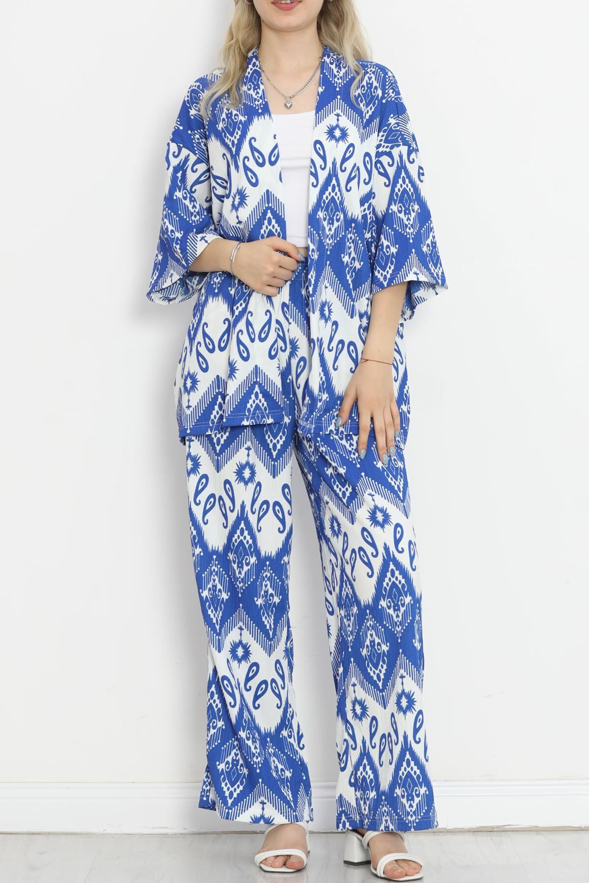 Desenli Kimono Takım Saksbeyaz - 18874.1059.
