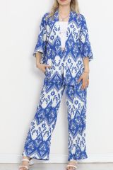 Desenli Kimono Takım Saksbeyaz - 18874.1059.
