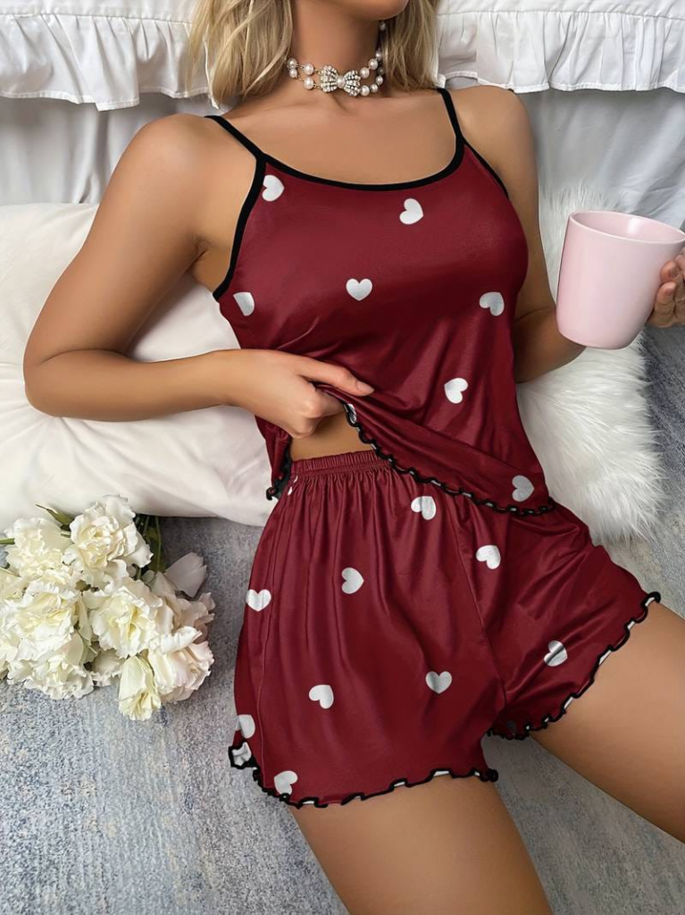Kadın Kolsuz Kalp Desen şortlu Süprem Pijama Takımı