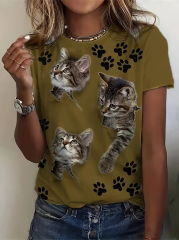 Kadın Kısa Kollu Kedi Ve Pati Baskılı Süprem T-shirt