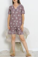 Düğmeli Şortlu Pijama Takımı Beyazkahve - 18944.1567.